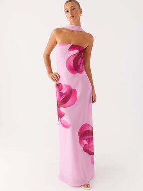 Peppermayo Pink Floral Strapless Maxi Dress with Neck Scarf